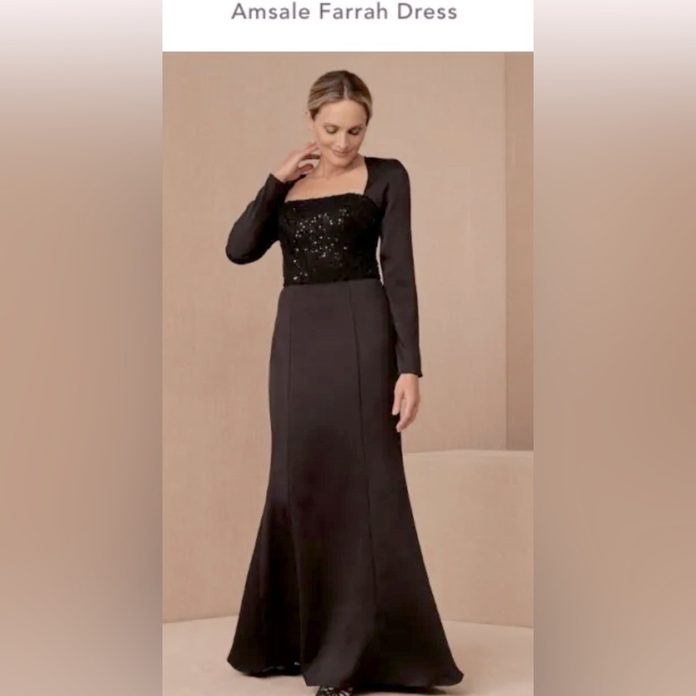 BHLDN Anthropologie Amsale Farrah Formal Dress Black Sequin Square Neck Size 10